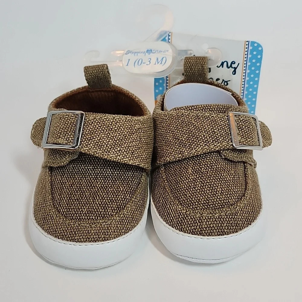 Newborn 0-3 Brown & White Little Buckles Shoes CCilu Stepping Stone